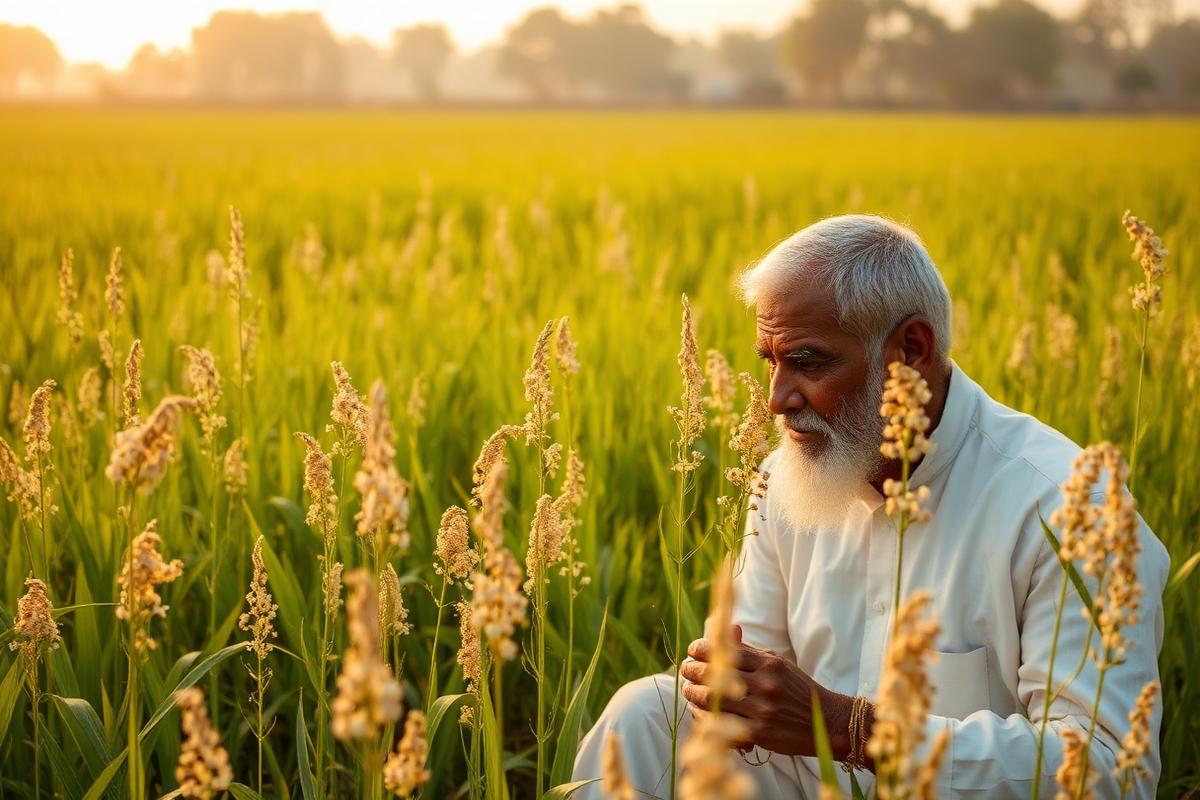 Gujarati farmer inspecting psyllium plants in field