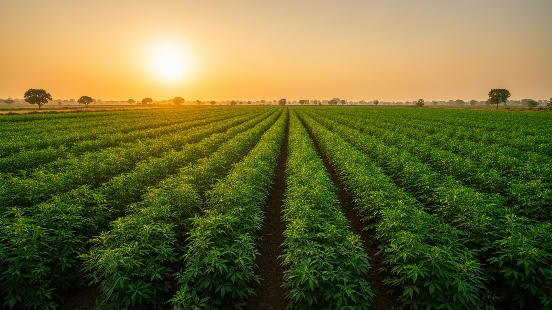 Lush psyllium fields in Unjha, Gujarat at golden hour